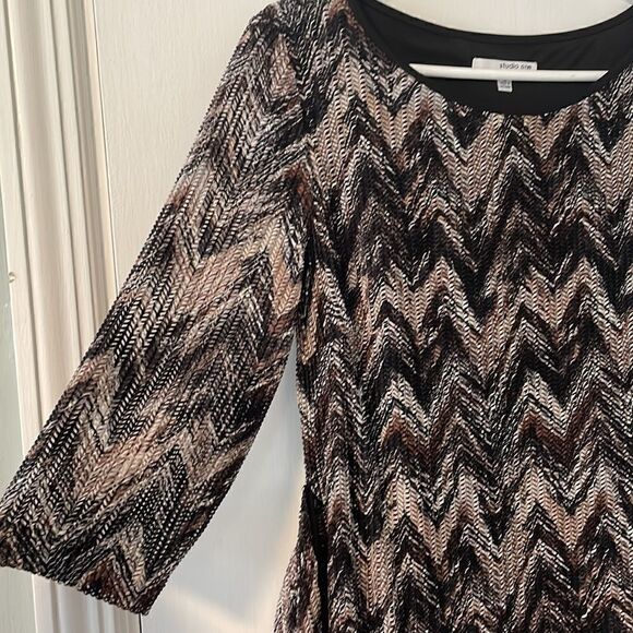 studio one new york lined earth tone chevron 3/4 sleeve dress & attached sash 12 - Picture 3 of 13